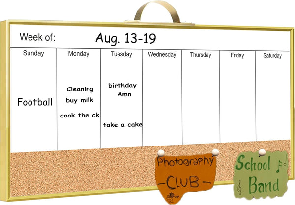 Magnetic Weekly Dry Erase White Board and Cork Board, Mini Whiteboard with Holder for Home Office Wall Decor
