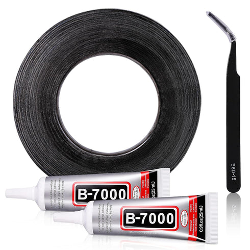 HQMaster 2mm x 50 m Double Sided Adhesive Sticker Tape, Tweezers, B7000 Glue for Cell Phone Repair