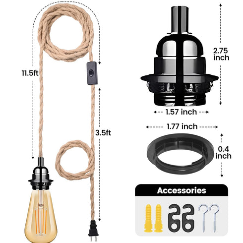 eivtokn 15FT E26 E27 Decor-2 Pack Plug in Pendant Light Cord, Industrial Hanging Light Kit with Hemp Rope, Light Socket