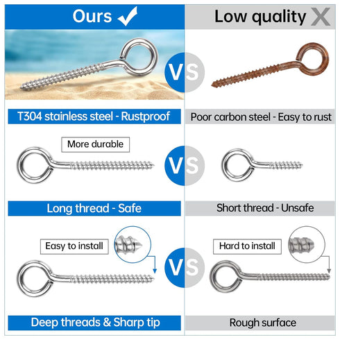 Muzata 10 Pack Eye Screws, 3.3 Inch Stainless Steel Screw Eye Hook, Heavy Duty M6 Eyelet Hooks for Indoor Outdoor