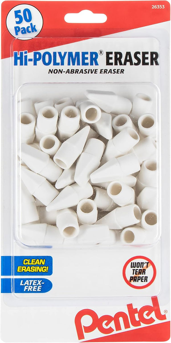 Pentel Hi-Polymer Cap Eraser, White, 50/Pack