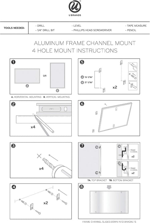 U Brands 36"x24" Magnetic Dry Erase Calendar Board with Silver Aluminum Frame, 4-in-1 Design