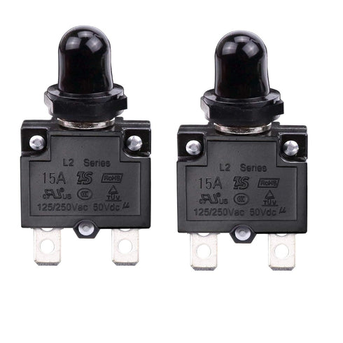 15 Amps Push Button Circuit Breakers, Thermal Overload Protector, 125/250V AC, 50V DC, 2 Pcs, Waterproof Button