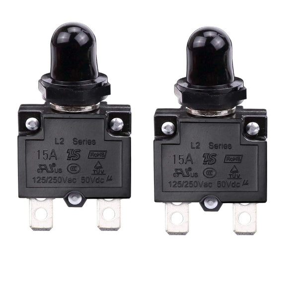 15 Amps Push Button Circuit Breakers, Thermal Overload Protector, 125/250V AC, 50V DC, 2 Pcs, Waterproof Button