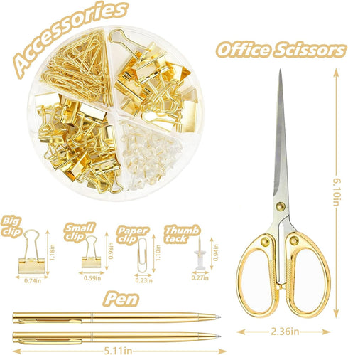 UPIHO Gold Desk Accessories Set - Stapler, Tape Dispenser, Scissors, and Sticky Notes for Office Clerks