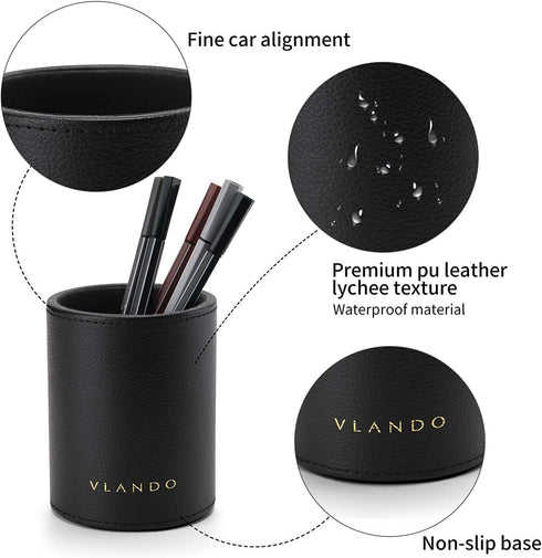 Vlando Leather Desktop Organizer Caddy with Drawer, Office Desk Supplies and Accessories Storage, Black Set