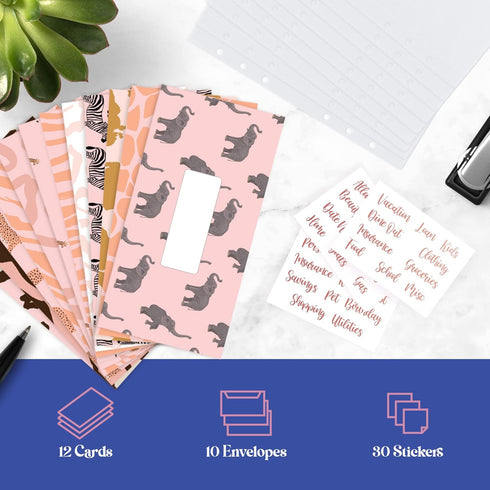 SOUL MAMA A6 Cash Envelopes for Budgeting Binder - 12 Pcs Pink Safari Themed Inserts & Money Saving Envelopes