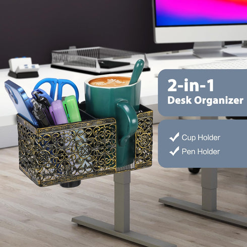 Desk Organizer with Clip-on Cup Holder, Pencil Holder, Phone Holder for Beverages and Accessories at Home Office