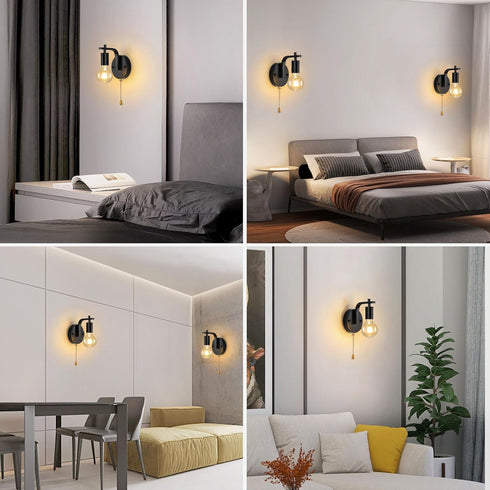Glighone Set E26 Vintage Pull Chain Wall Lights of Two with Switch Wall Lamp,Black Wall Light Industrial Wall Lighting