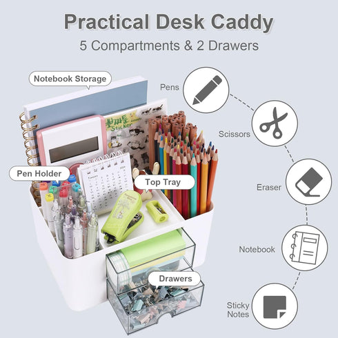 Plastic Pen Organizer, Multifunctional Desk Organizer with 2 Drawers, 4 Compartments for Office, White
