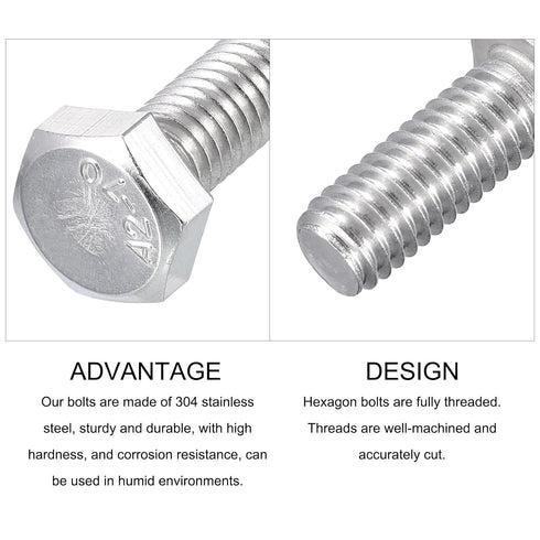 Hex Bolts (M6-1x16mm) 50Pcs, 304 Stainless Steel Coarse Fully Threaded Hex Head Screw Bolts for Furniture Repair