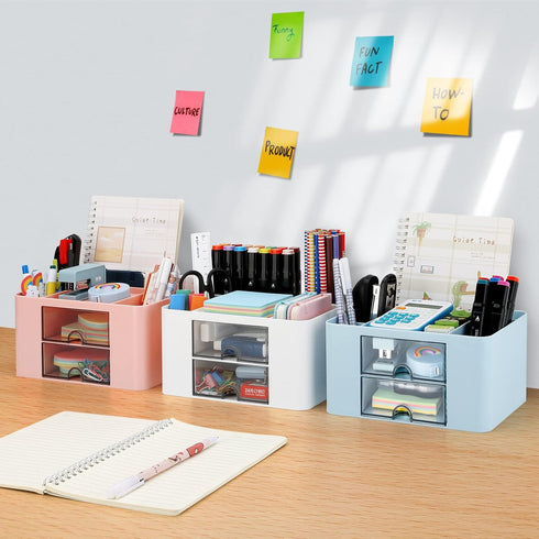 LETURE Desk Organizer with 2 Drawers, Plastic Pen Pencil Card Holder for Office Supplies, Home School (Pink)