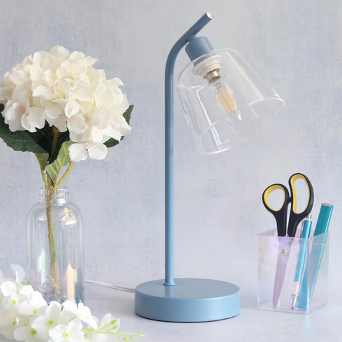 LD1080-BLU 16" Simple Designs Sleek Essentials Modern Industrial Metal Desk Lamp with Clear Glass Shade, for Office