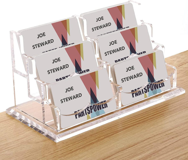 PARTSPOWER Acrylic Business Card Holder for Desk, Horizontal Clear Display Stand, 6-Slot Organizer