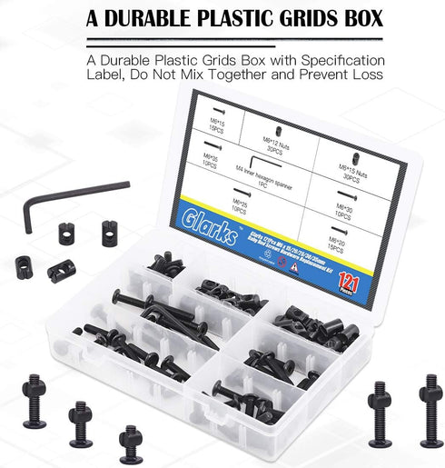 Glarks 120Pcs M6x15/20/25/30/35mm Black Hex Socket Cap Bolt Screws and Barrel Nut Assortment Kit with a Allen Wrench