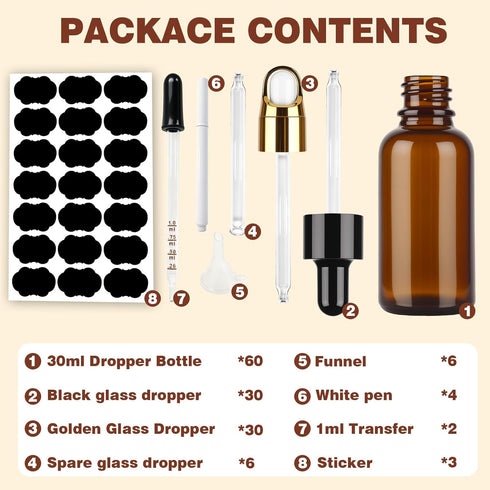 KOUWICH 60 Pack 1oz 30ml Dropper Bottle Amber Glass Dropper Leakproof with Funnels, Eye Droppers,Labels - Refillable UV