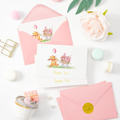 50 Pack Crisky Baby Shower Girl Thank You Cards with Envelopes Pink Baby Shower Greeting Notes Bulk (Cute Bear