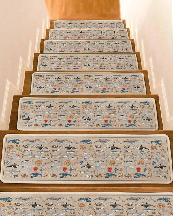 BOHOOSKYLAR Marine Life Stair Treads Retro Shark Whale Lobster Jellyfish Linen Texture Indoor