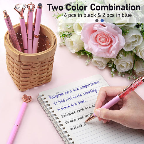 WEMATE 8Pcs Pink Ballpoint Pen Set, Metal Crystal Diamond Glitter Pens for Journaling, Gifts for Women, School, Office