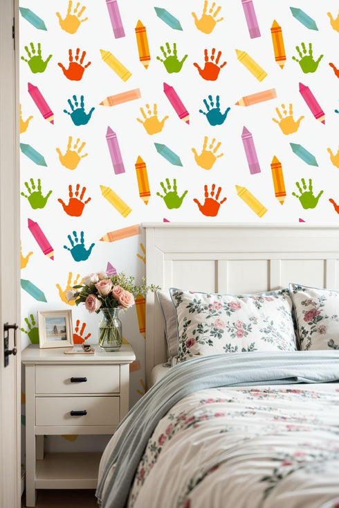 Kanworse 17.7in 32.8ft Peel and Stick Wallpaper Back to School Colorful Crayons Handprint for Kids Self-Adhesive Wall