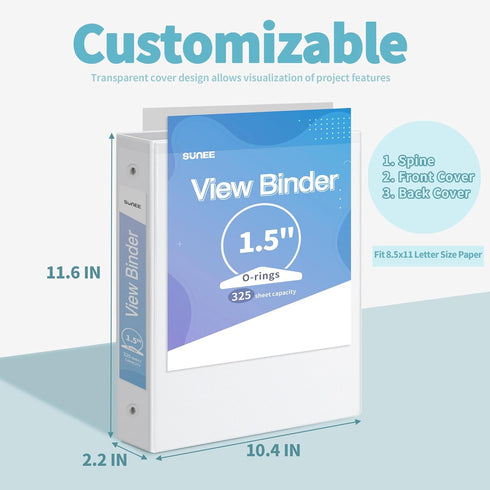 SUNEE 3 Ring Binder 1.5 Inch 2 Pack, Clear View Binder Three Ring PVC-Free (Fit 8.5x11 Inches) for School Binder or Office Binder Supplies, White Binder by SUNEE