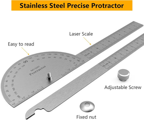 Stainless Steel Protractor, 180 Degrees Two Arm Ruler for Woodworking Angle Measure Tool