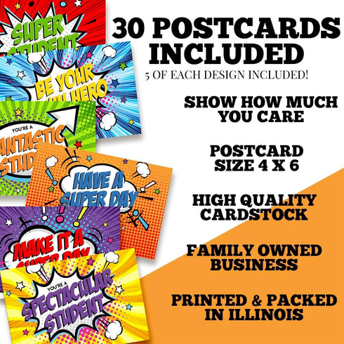 Super Student Superhero Themed Blank Postcards for Students from Teachers, 30 Total 4"x6" Fill In Notecards (5 of each