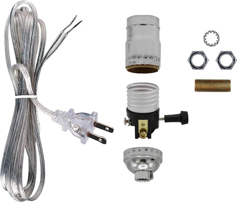 Make a Lamp or Repair Kit with Essential Hardware, 3 Way Socket, and Matching Electric Cord, Silver