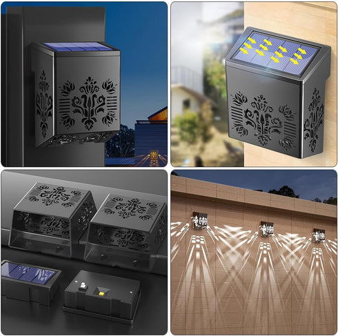 Solar Powered LED Fence Post Lights Outdoor Wall Lamp with Hollow Pattern Garden Patio Deck Lighting for Pathways