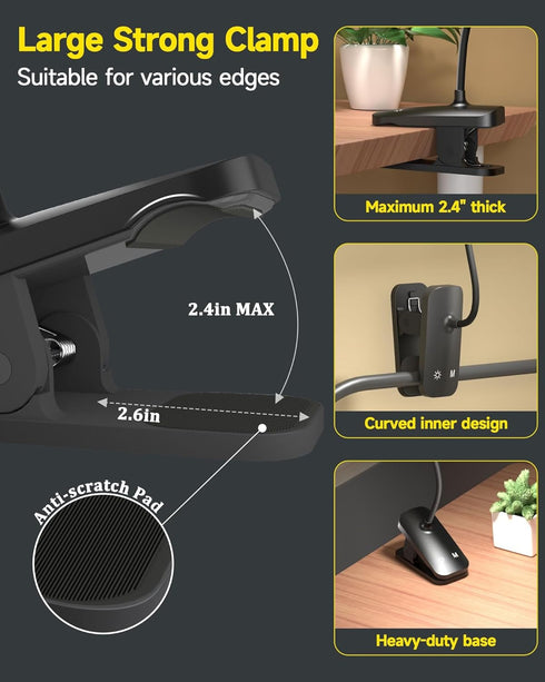CUHIOY Desk Lamp, USB-C Battery-Operated Clip on Reading Light, 38 LEDs with 5 Colors and 5 Brightness Levels, Flexible