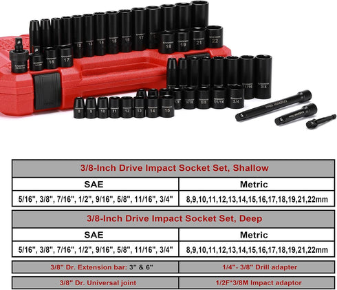 3/8" Set, 49 (5/16-Inch 3/4-Inch 8-22 mm), 6 Set CASOMAN Drive Impact Socket Piece Standard SAE and Metric Sizes