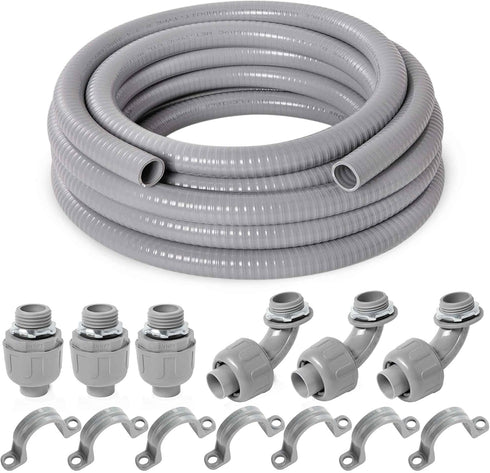 Yariwiz Flexible Electrical Conduit Kit (3/4" Dia * 25 Feet) with 3 PCS Coupling, 3 PCS Elbow, 7 PCS Strap, Liquid