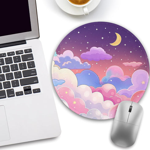 lebrocoli Kawaii Moon Cloud Star Sky Night Mouse Pad, Small Round Mouse Pads for Desk, Mini Travel Mousepad