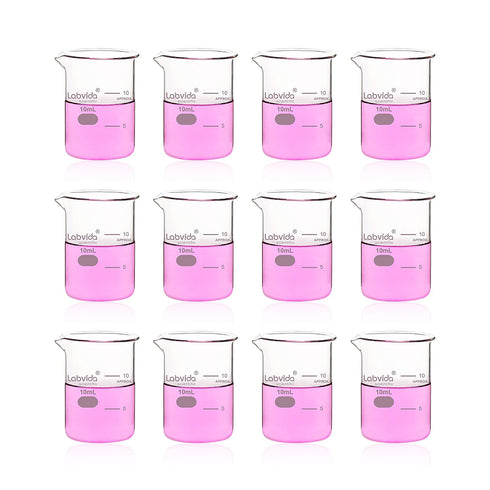 Upgrated 10ml Beaker Set, 12pcs Low Form Glass Beakers, 3.3 Boro with Printed Graduation