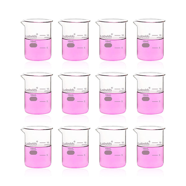 Upgrated 10ml Beaker Set, 12pcs Low Form Glass Beakers, 3.3 Boro with Printed Graduation
