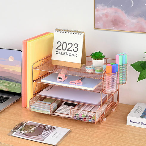 Desk Organizers and Accessories, 4-Tier Paper Tray Organizer with Drawer and 2 Pen Holders for Office Supplies