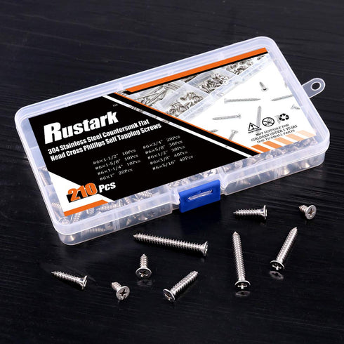 210Pcs 304 Stainless Steel Flat Head Phillips Cross Wood Screw Drive Self-Drilling Screws Assortment Kit [#6 5/16'' to