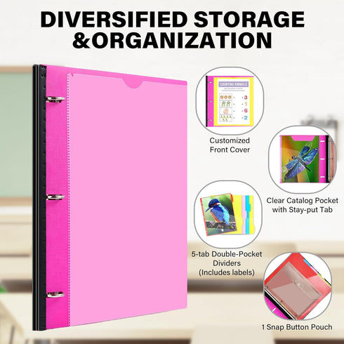 WOT I Telescoping Project Organizer 2PCS, Refillable 3 Ring Binder Pocket Folder with Custom Cover, Pink