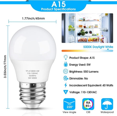 LED Refrigerator Light Bulb, 40 Watt Equivalent A15 Waterproof Bulb, Daylight White 5000K, 2-Pack