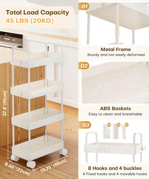4-Tier 37.4in 8 Homde Slim Rolling Cart for Kitchen: Space-Saving Narrow Floor Organizer - Tall Vertical Storage