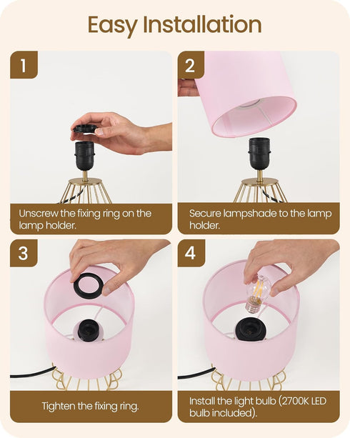 2700K Bulb DP06TL05 Pink and Gold Table Lamp, Small Bedside Lamp with Metal Base & Pink Linen Lampshade, Modern