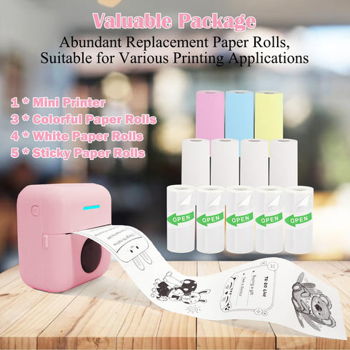 Vicbear 12 Mini Portable Printer, Inkless Sticker Printer with Rolls Paper, Thermal