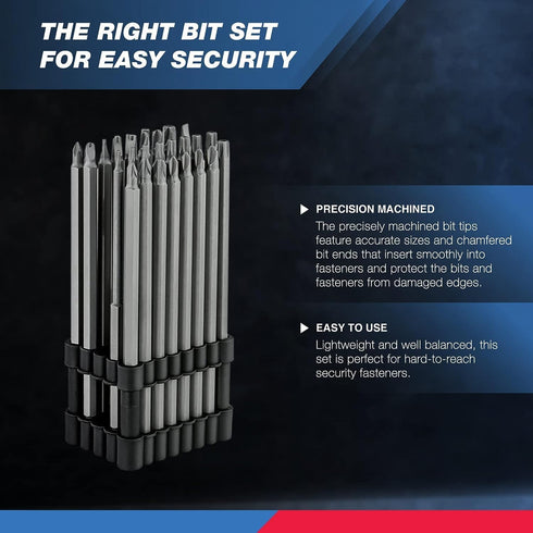 NEIKO 10224A 32 Piece Extra Long Security Bit Set, 1/4" S2 Steel 6” Long Torx, Tamper Proof, PoziDriv, Spanner, Tri-Wing