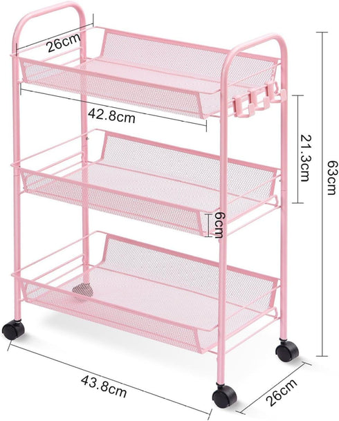Generic 3 Rolling Cart Organizer Tier, Mesh Utility Cart with Wheels, Office School Storage Cart - Pink
