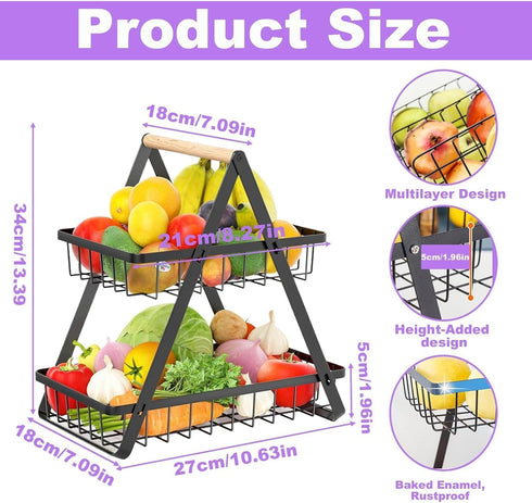 PAUANI 2/3 Haves(White,2 Tier Bread Vegetable Basket, Detachable Mesh Fruit Rack with Wooden Handle, Kitchens Bakery