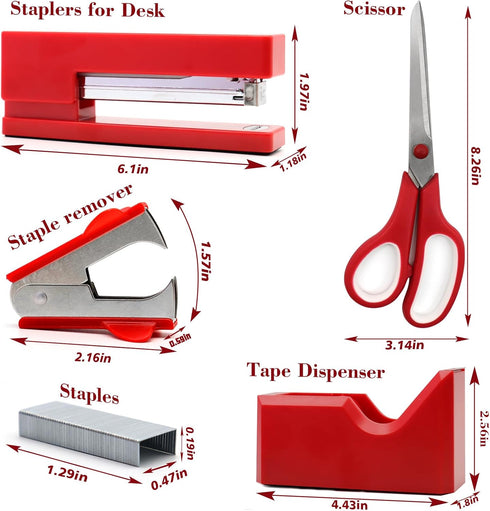 Red Office Supplies,UPIHO Red Desk Accessories,Stapler and Tape Dispenser Set for Women with Stapler,Tape Dispenser,Staple Remover,Staples,Push Pins,Scissor and Pocket Notebook,Gift for Office Clerks by UPIHO