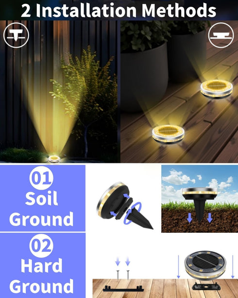 2 Pack 4 Solar Ground Lights Outdoor Waterproof, Upgraded Solar Garden Lights with Side Light, Stainless Steel Solar