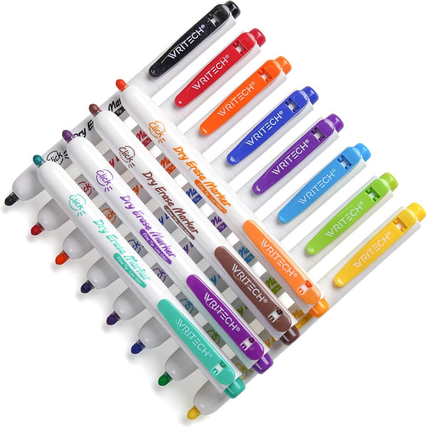 WRITECH Retractable Dry Erase Markers, Fine Tip Assorted Colors, Low Odor, Refillable, 12ct