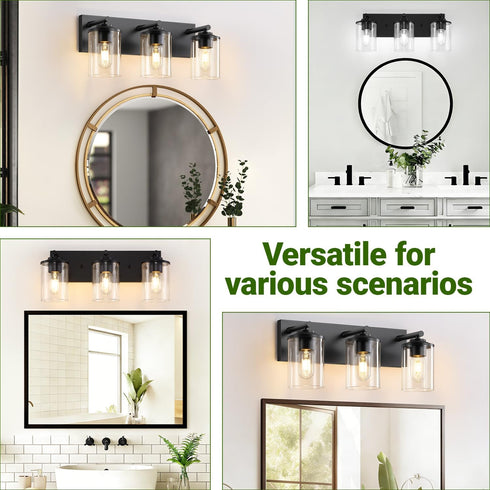 Mikniri 3-Light Bathroom Light Fixtures, Matte Black Bathroom Vanity Lighting Over Mirror with Clear Glass Shades