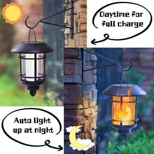 2 Pack Dynaming Solar Flame Wall Lanterns, Outdoor Solar Wall Hanging Lights, Flickering Flame LED Lights Auto On/Off